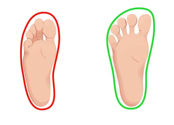 comparison illustration between fitment in regular shoes vs barefoot shoes