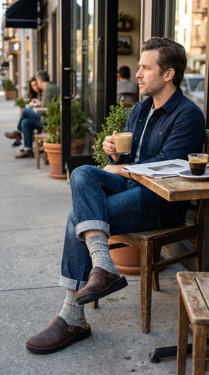 Man sitting at an outdoor cafe table with a drink, wearing a blue shirt and jeans.
