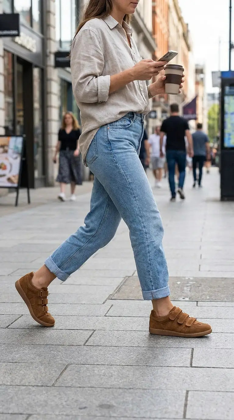Person walking on a city street wearing light blue jeans and apricot eluxeri easewalks
