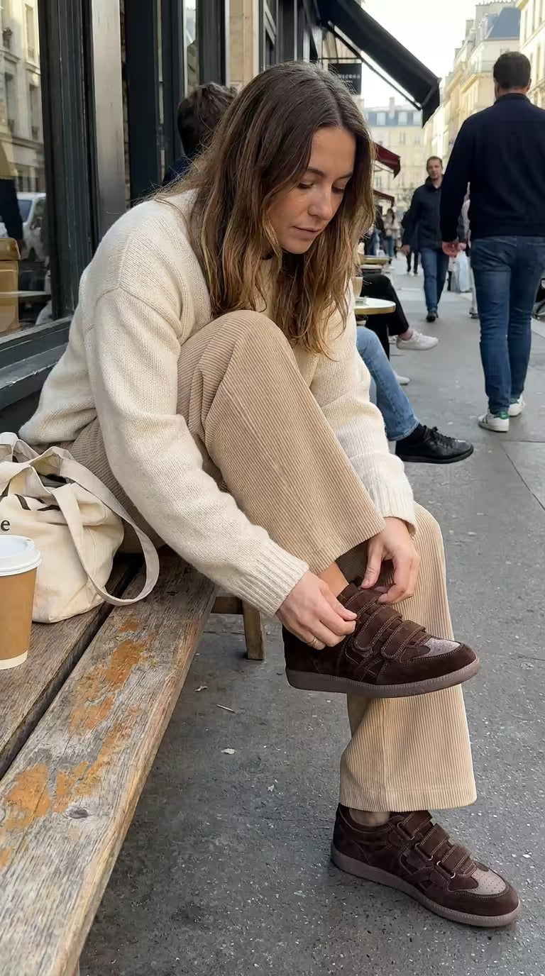 Woman sitting on a bench tying her brown Eluxeri EaseWalks in an urban setting.