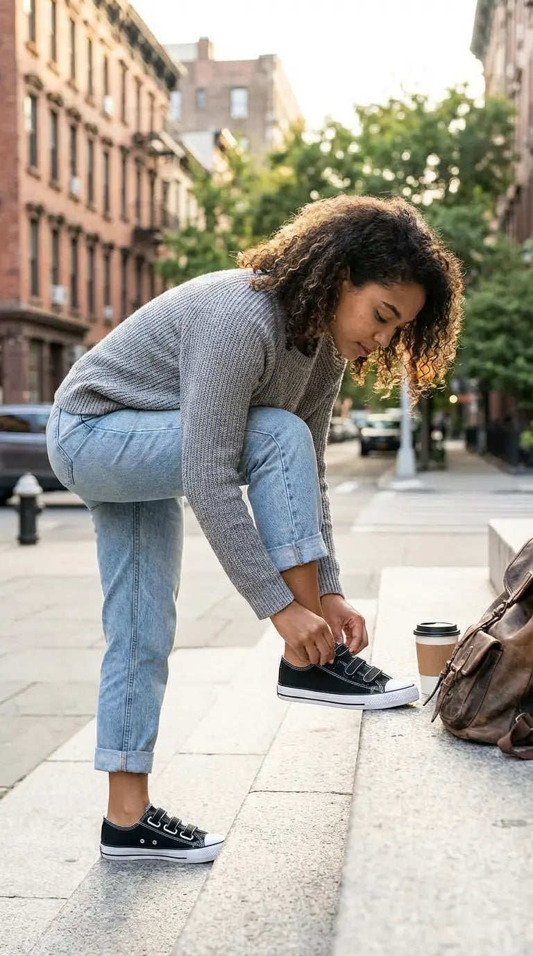 Person tying velcros of Eluxeri Canvas on a city street with buildings and trees in the background