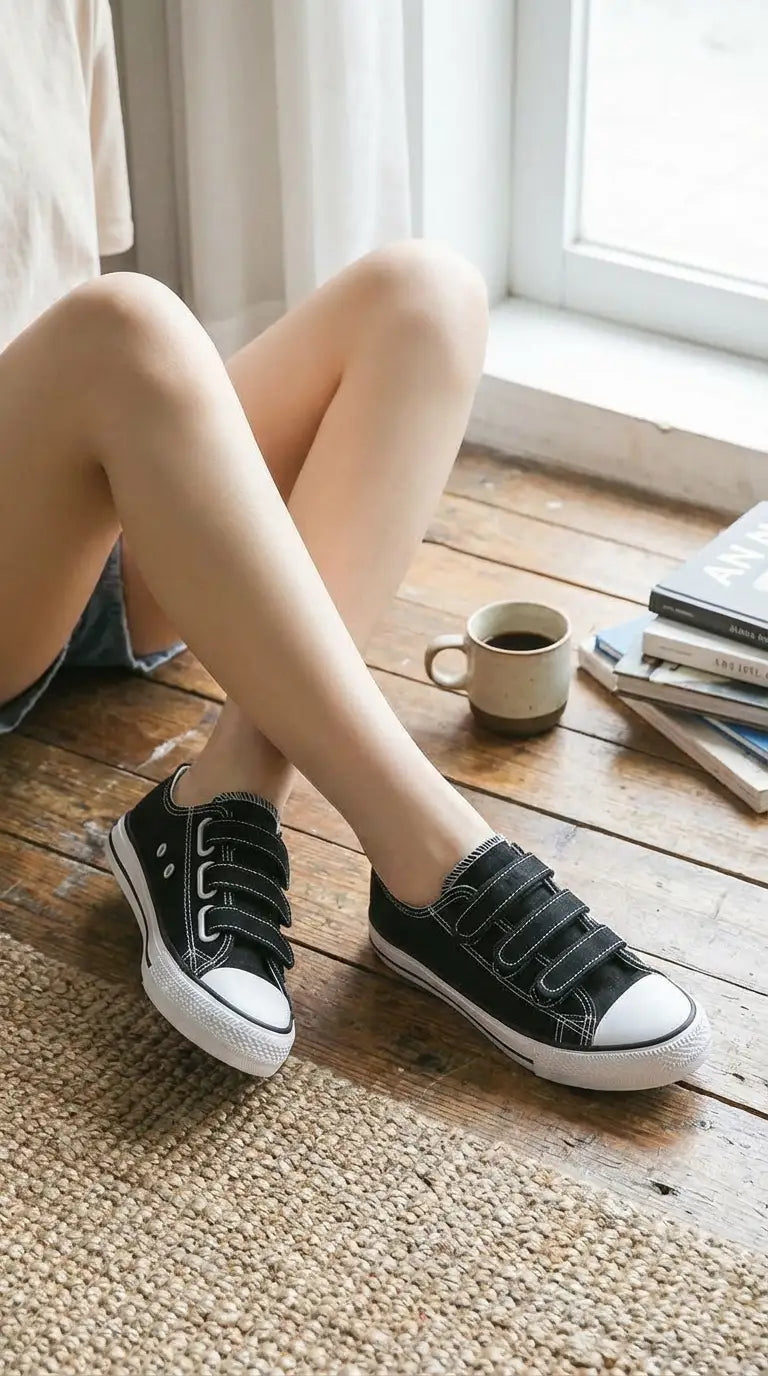 Woman wearing black velcro Eluxeri Canvas on a wooden floor with a cup of coffee and books in the background.