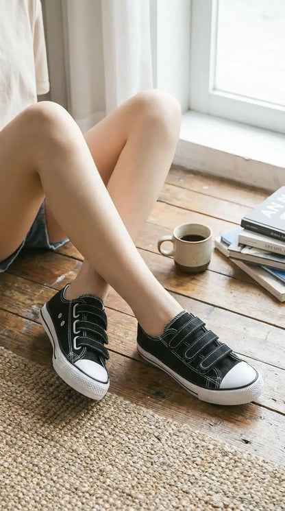 Woman wearing black velcro Eluxeri Canvas on a wooden floor with a cup of coffee and books in the background.