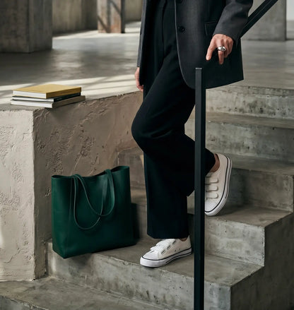 Person in a black suit with white eluxeri canvas and a green bag, standing on concrete steps.