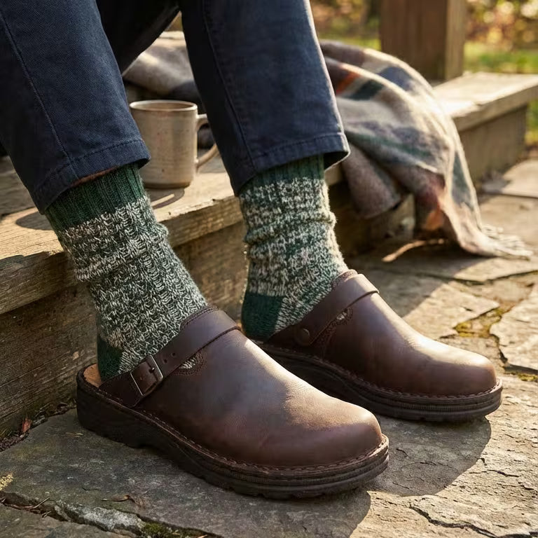 Brown shoes with green patterned socks on a stone surface