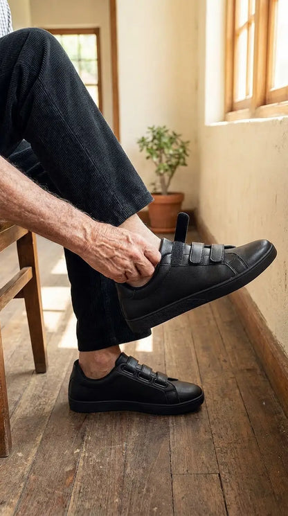 Older man wearing black Eluxeri EaseWalks on a wooden floor with a plant in the background
