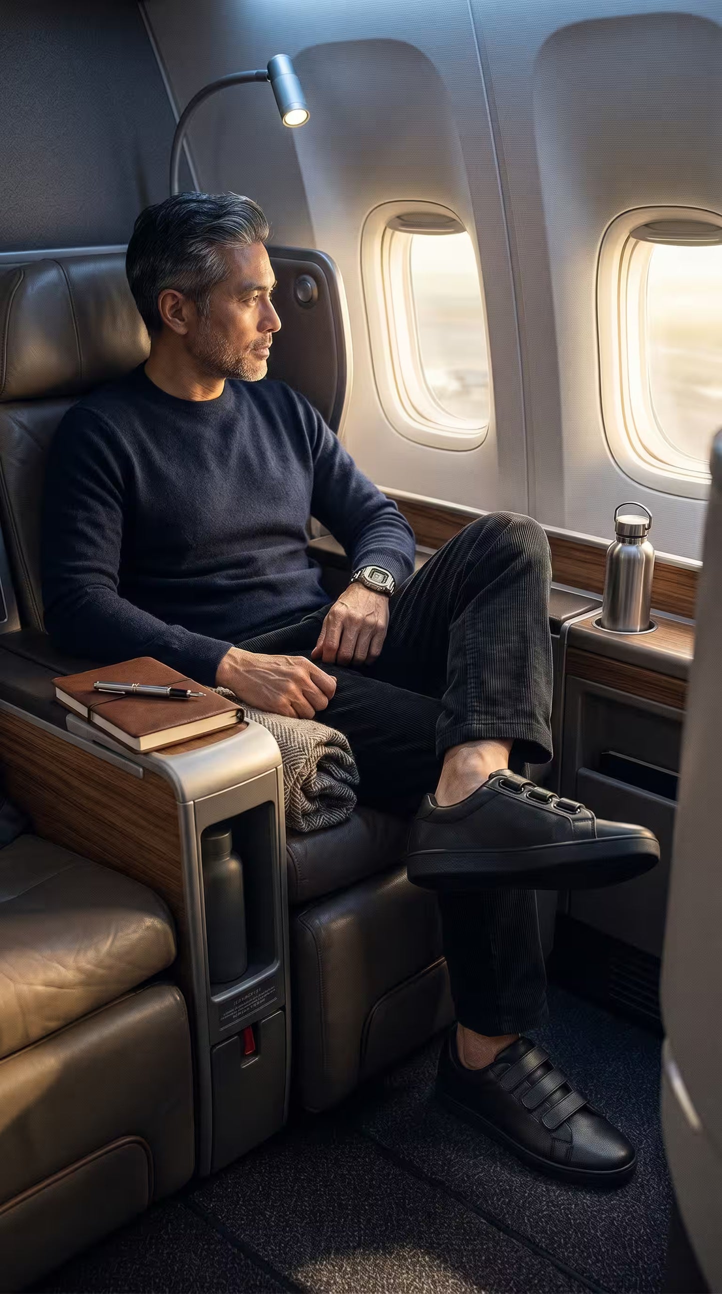 Man sitting in an airplane seat with a tray table wearing Eluxeri EaseWalk Men sneakers