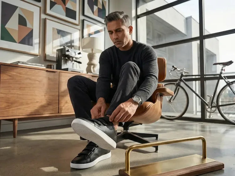 Man sitting on a chair in a modern living room, tying his black sneakers.