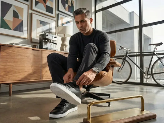 Man sitting on a chair in a modern living room, tying his black sneakers.