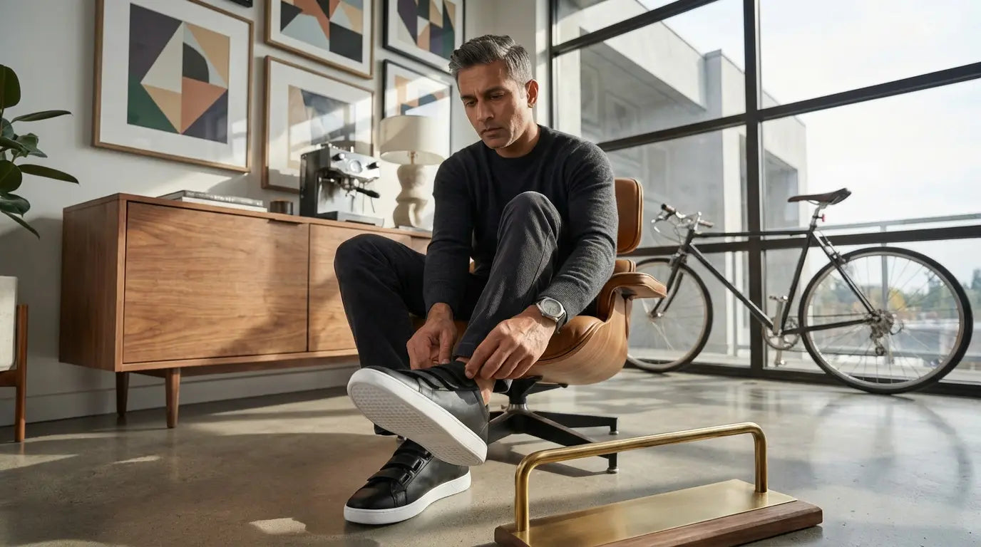 Man tying his shoes on a small wooden stool in a modern living room.