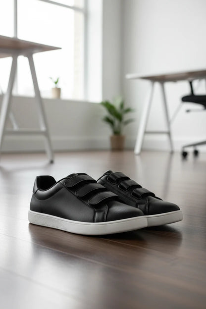 Black eluxeri easewalks with white soles on a wooden floor in a room with chairs and plants.