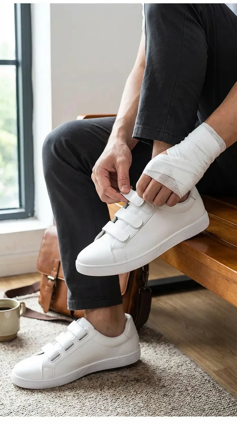 man wearing white eluxeri easewalks with a bandage sitting on a wooden bench indoors.