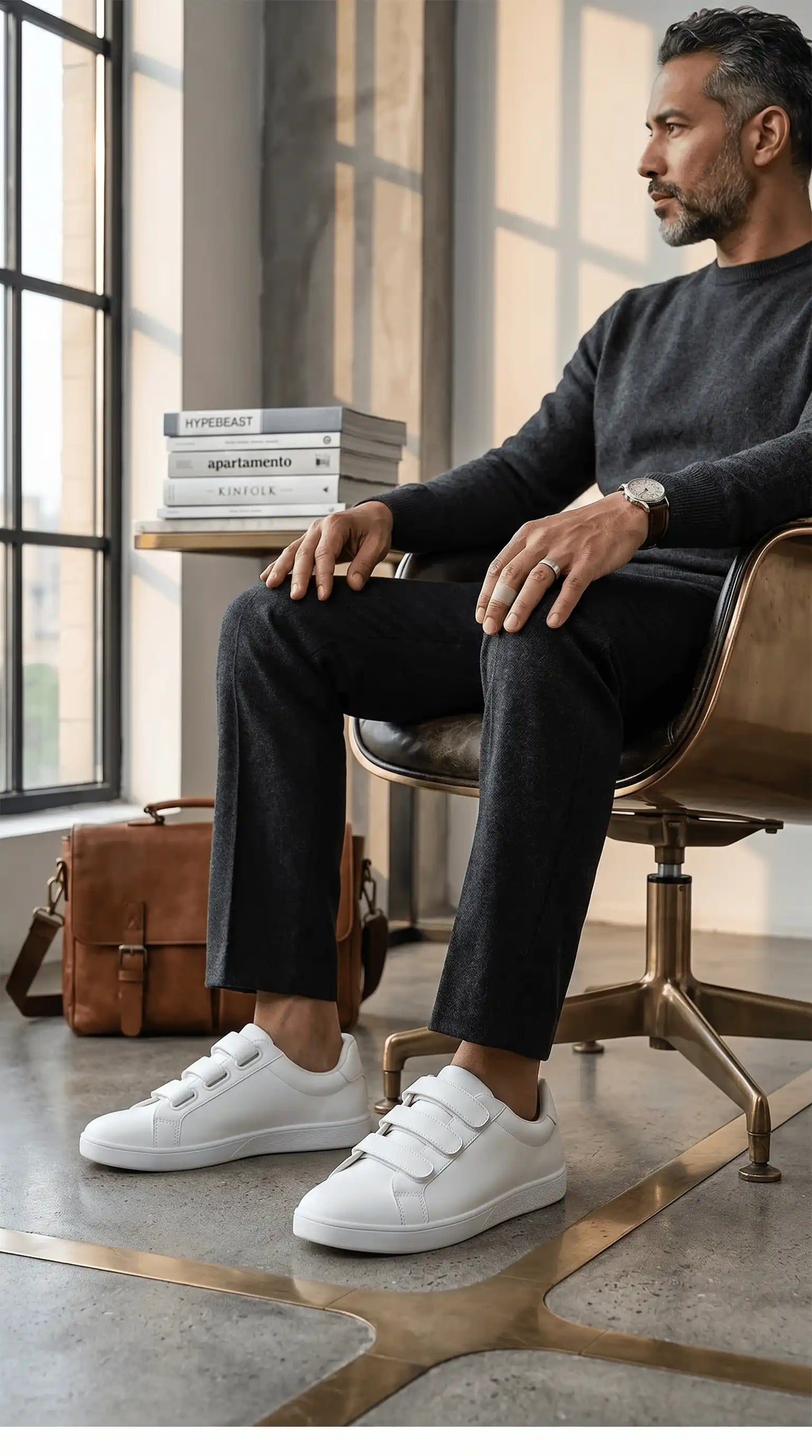 Man sitting in a modern office setting wearing white eluxeri easewalks.