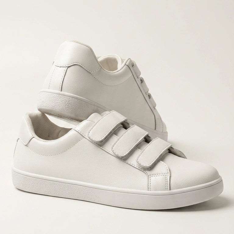 White eluxeri easewalks with velcro straps on a light gray background
