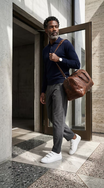 Man in navy sweater and gray pants holding a brown leather bag, standing in an urban setting and wearing Eluxeri EaseWalks