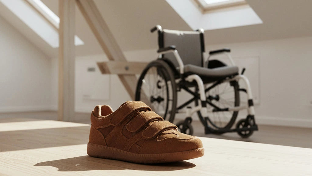 apricot eluxeri easewalks on a wooden floor with a wheelchair in the background