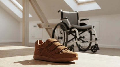 apricot eluxeri easewalks on a wooden floor with a wheelchair in the background