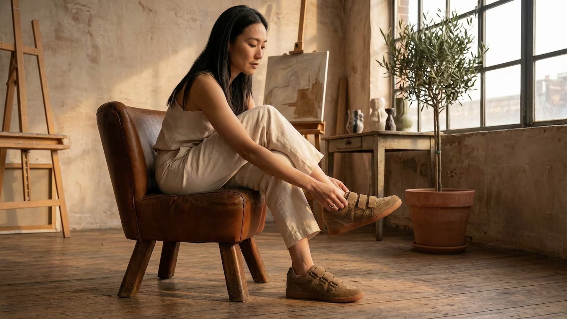 Woman sitting on a brown leather chair in a studio setting with large windows and art supplies.