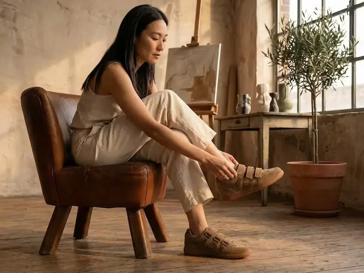 Woman sitting on a brown leather chair in a warm, sunlit room.
