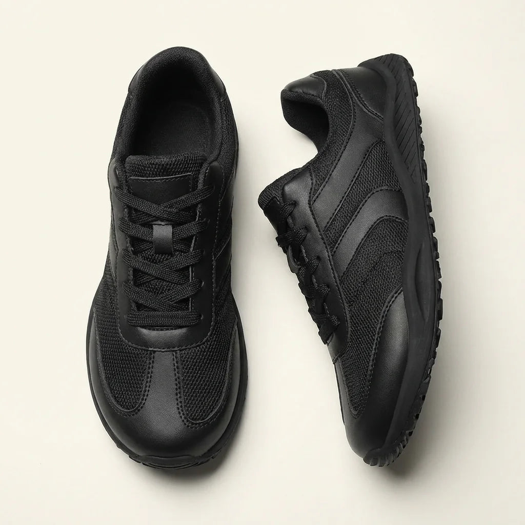 Pair of black sneakers on a light gray background