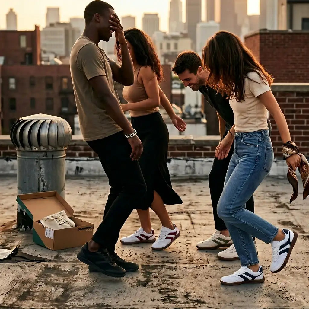 Four people on a rooftop with a cityscape in the background wearing eluxeri barefoot origin sneakers
