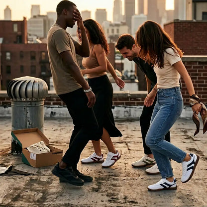 Four people on a rooftop with a cityscape in the background wearing eluxeri barefoot origin sneakers