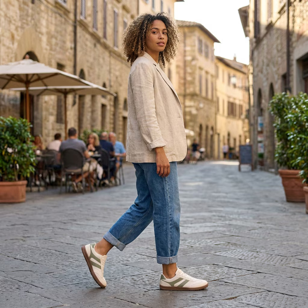 Woman walking on a street in an Italian town with stone buildings and outdoor seating.