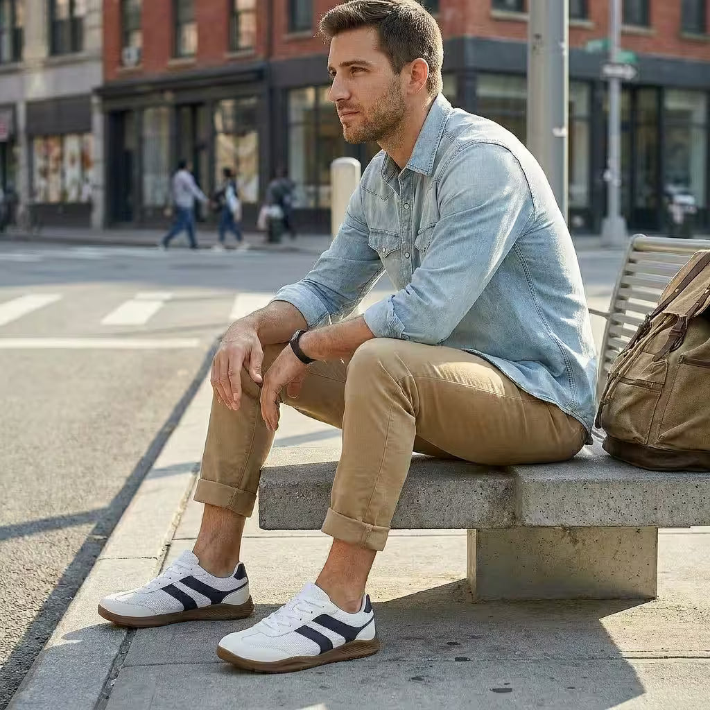 Man sitting on a bench in an urban setting wearing a light blue shirt, beige pants, and white sneakers with black stripes.